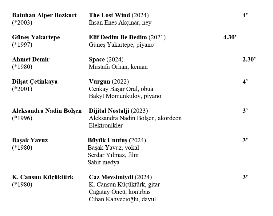 Batuhan Alper Bozkurt The Lost Wind (2024) 4’ (*2003) İhsan Enes Akçınar, ney Güneş Yakartepe Elif Dedim Be Dedim (2021) 4.30’ (*1997) Güneş Yakartepe, piyano Ahmet Demir Space (2024) 2.30’ (*1980) Mustafa Orhan, keman Dilşat Çetinkaya Vurgun (2022) 4’ (*2001) Cenkay Başar Oral, obua Bakyt Momunkulov, piyano  Aleksandra Nadin Bolşen Dijital Nostalji (2023) 3’ (*1996) Aleksandra Nadin Bolşen, akordeon  Elektronikler  Başak Yavuz Büyük Unutuş (2024) 3’ (*1980) Başak Yavuz, vokal Serdar Yılmaz, film Sabit medya  K. Cansun Küçüktürk Caz Mevsimiydi (2024) 3’ (*1980) K. Cansun Küçüktürk, gitar Çağatay Öncü, kontrbas Cihan Kahvecioğlu, davul